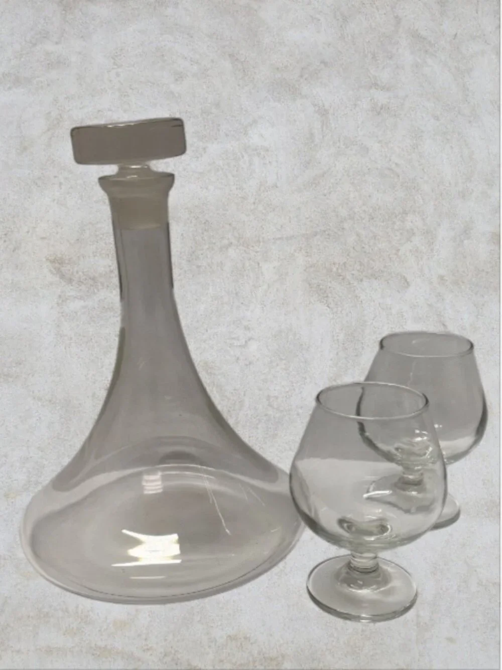 WHISKEY DECANTER -- Glass w/Stopper, 2 Brandy Cognac Snifters, Vintage